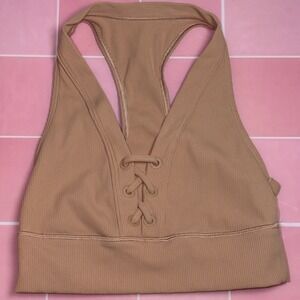 OFFLINE by Aerie Ribbed Lace Up Sports Bra Tan Nude Racerback Medium Support S/P